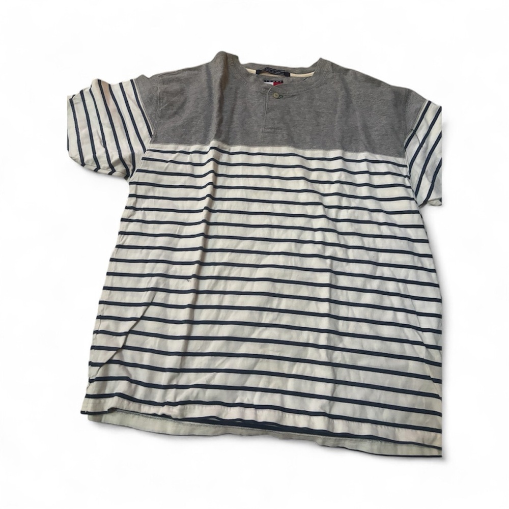Tommy Hilfiger Men’s Striped Cotton Henley Tee – Gray & Navy, Size XL